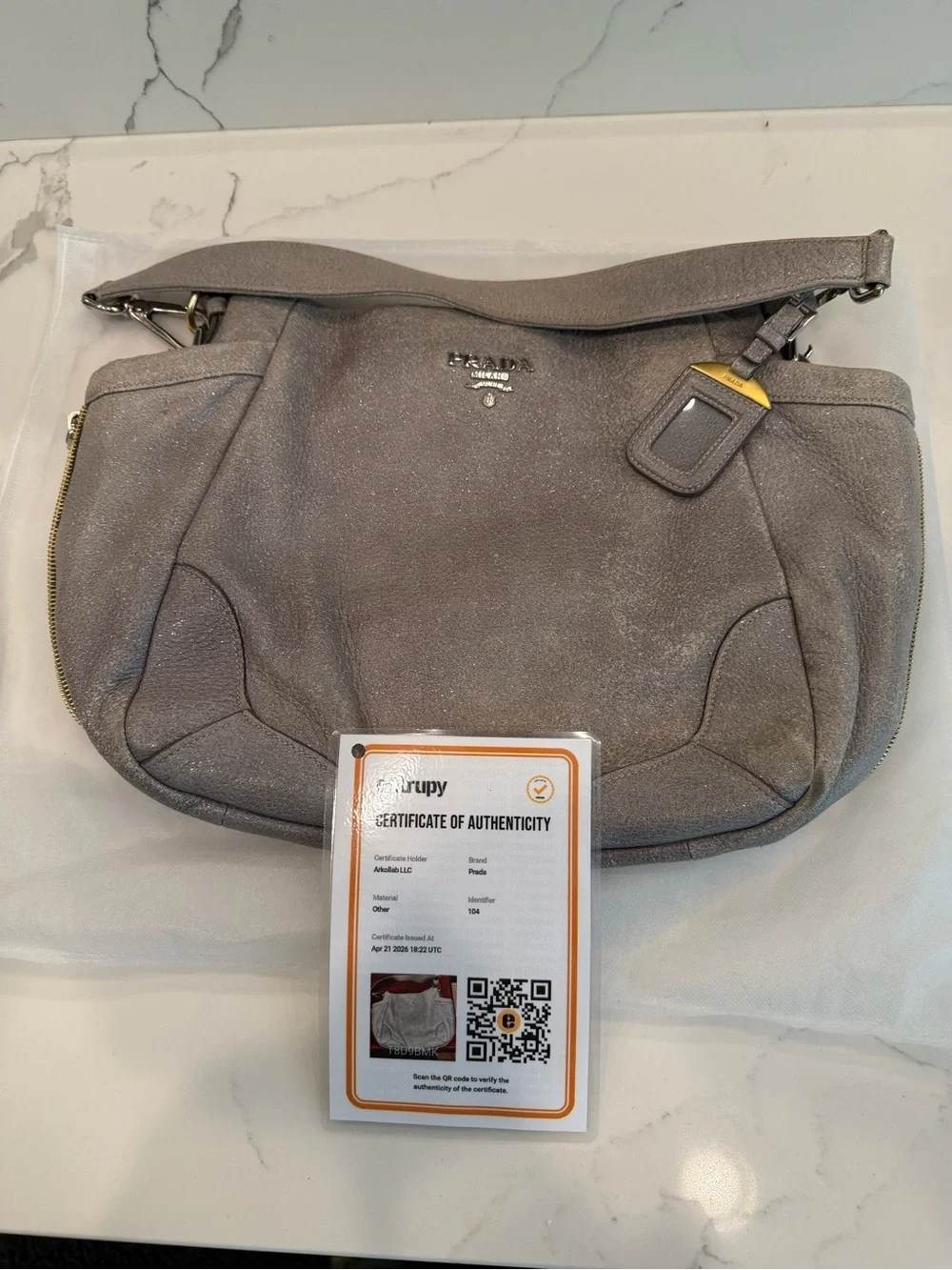Prada Metallic Gray Cervo Lux Leather Hobo Shoulder Bag with COA